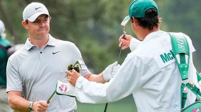 Rory McIlroy is pictured in the second round at the 2023 Masters.